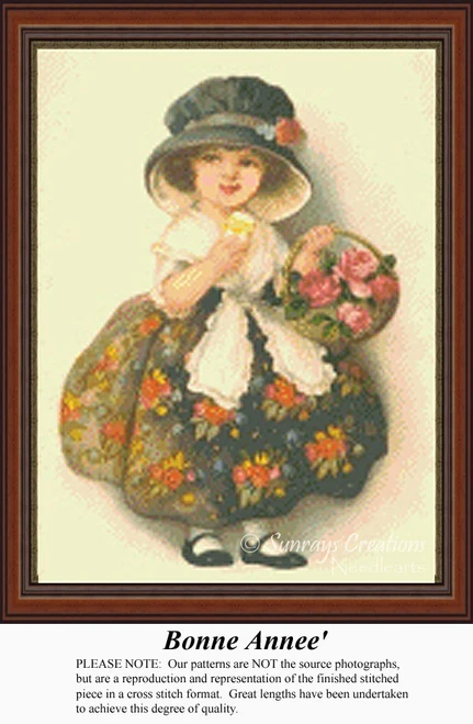 A little girl in a quilted dress and knitted wrap holds a basket of flowers, arranged as a counted cross stitch design.