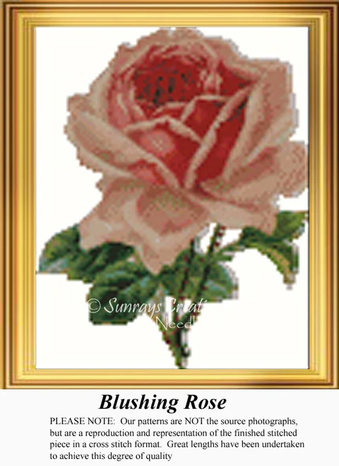 A pink rose with a darker center and lush green leaves, designed as a cross stitch chart for stitching with DMC floss on aida cloth.