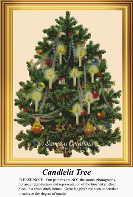 A lit Christmas tree adorned with candles and ornaments comes to life as a counted cross stitch design, offering a classic holiday charm.