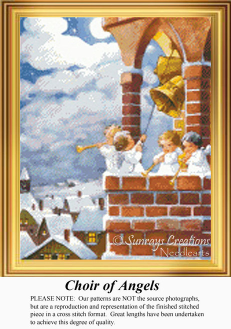 Four angelic figures play trumpets from a belfry tower under a cloudy sky, immortalized as a counted cross stitch pattern.
