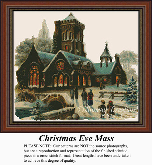 A large cathedral with colorful windows stands under a snowy sky, worshippers arriving for Christmas Eve Mass, frozen in time as a counted cross.