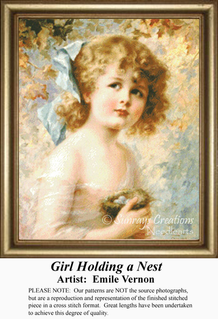A young girl with curly blond hair holds a nest with eggs, portrayed as a counted cross stitch design by Emile Vernon, yours to stitch as a counted.