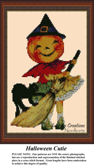 A smiling pumpkin in a witch's hat sweeps with a broom while a playful cat climbs on it, offered as a counted cross stitch pattern.