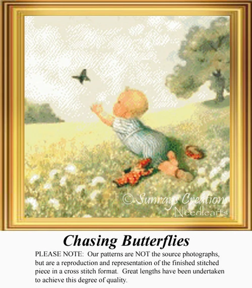 A small blond-haired child tumbles across a flower-covered hill, reaching out to catch a butterfly in this cross stitch pattern.