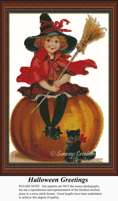 A jolly little witch sits on a large pumpkin with a broom, while her black kitten is close by, frozen in time as a counted cross stitch pattern.