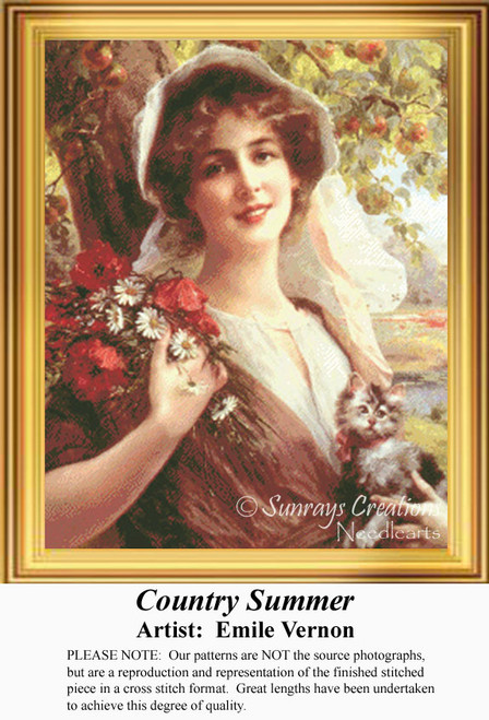 A young woman leans against a tree, holding a kitten and a bouquet of flowers in this cross stitch chart by Emile Vernon, reflecting summer's warmth.