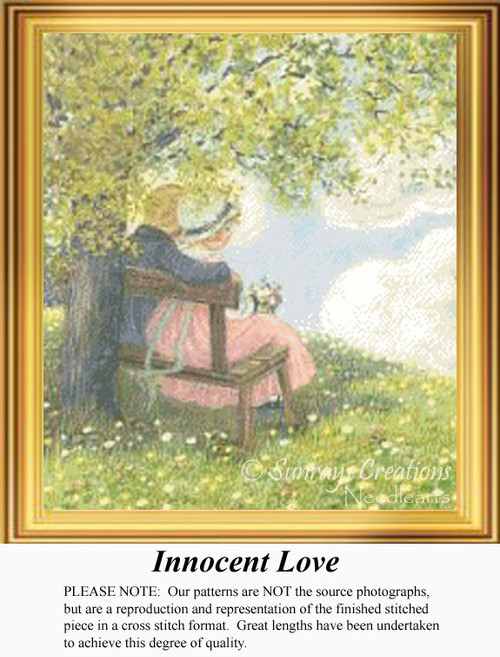 A young couple sits on a park bench under a tree, sharing an innocent embrace, come to life as a counted cross stitch design.