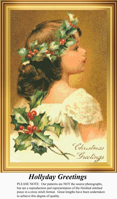 A young girl in a white dress wears a holly crown, ready for the holidays, shown as an xstitch chart for your next project.