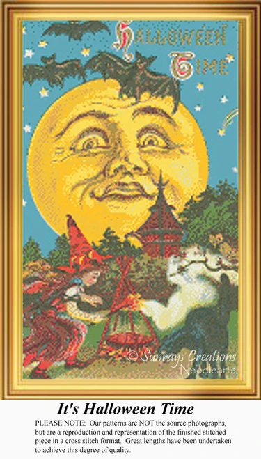 A child and a black cat dance around a campfire under a big yellow moon, offered as a counted cross stitch pattern.