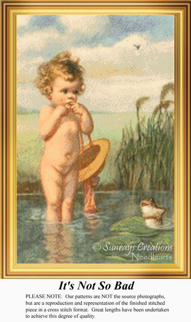 A toddler stands in a shallow pond, looking nervous while a bullfrog encourages her, ready for your next cross stitch project.
