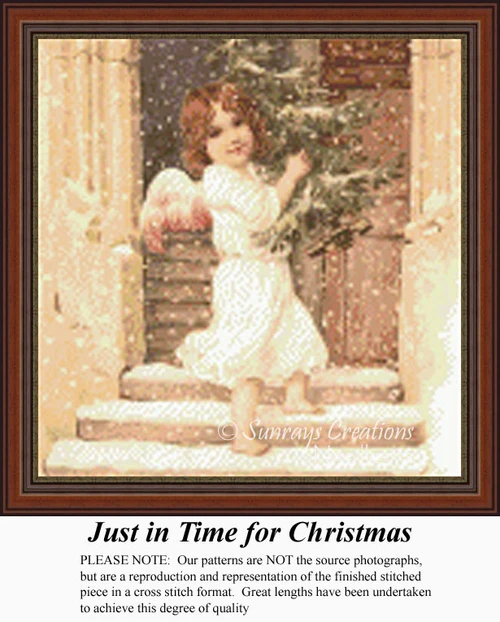 A young angel stands on a doorstep, holding a Christmas tree, surrounded by falling snow, in this counted cross stitch digital file.