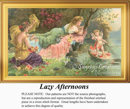 Two women relax by a creek on a summer afternoon as a fairy nymph paddles by, ready for conversation in this downloadable pattern.