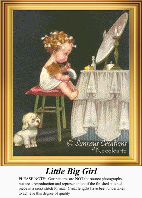 A young girl with curly hair sits on a stool in front of a mirror, holding a powder puff as a small dog watches in this charming cross stitch project.