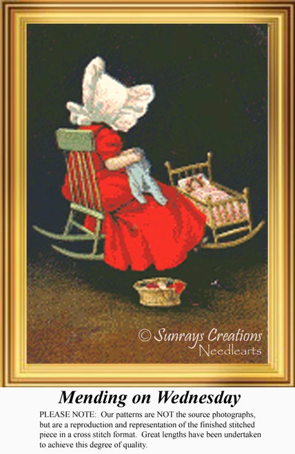 A woman in a red dress sits in a rocking chair mending clothes, captured beautifully as a counted cross stitch pattern yours as a counted cross.