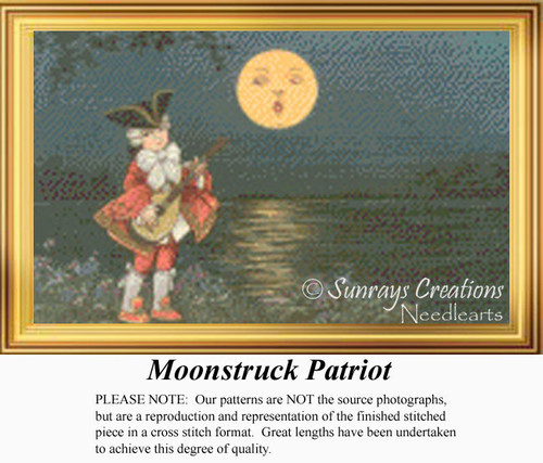 A young lad dressed as a British patriot strums a lute under a glowing moon, brought to life as a counted cross stitch pattern.