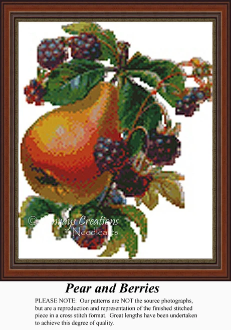 A ripe pear with blackberries and leaves surrounds it, translated into a counted cross stitch design for a vibrant kitchen accent.