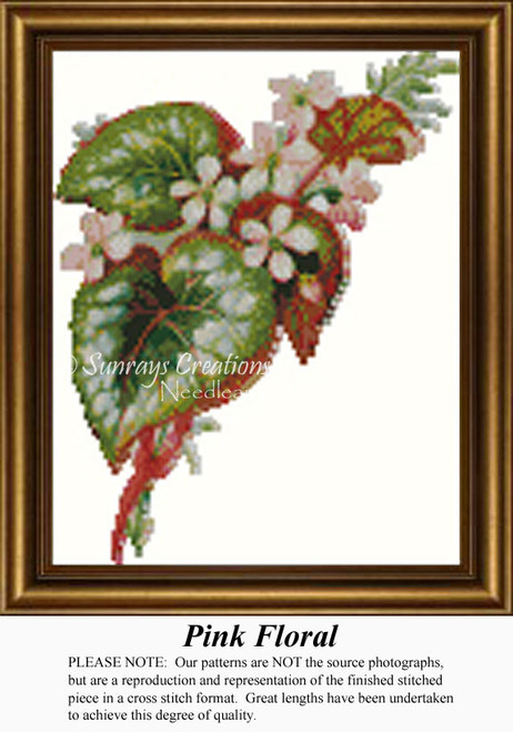 Pink begonia flowers entwine with large ornate leaves, designed for you as a counted cross stitch kit. Brighten your space today!