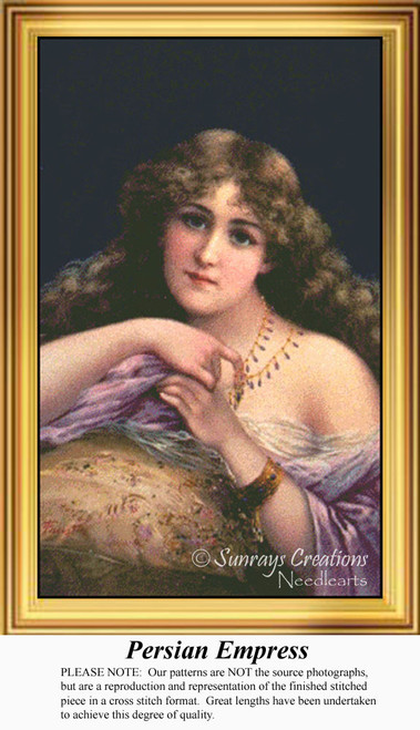 A woman with flowing hair sits gracefully, adorned in a lavish gown, preserved as a counted cross stitch pattern.