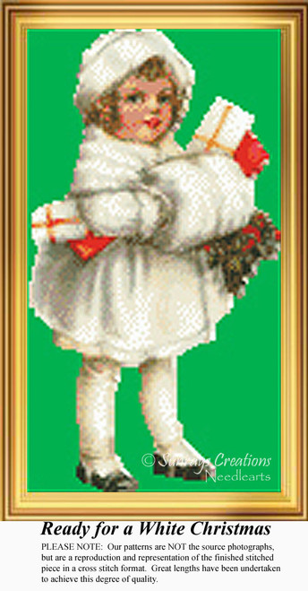 A little girl in festive winter clothing holds gifts, her hands warm in a muff, captured as a counted cross stitch pattern.