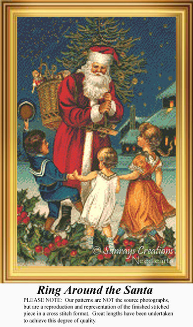 A jolly Santa stands with three excited children in a snowy setting, crafted as a counted cross stitch pattern waiting as your next cross stitch.