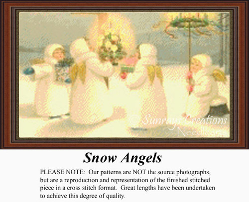 Four children dressed as angels gather around a Christmas tree, yours to stitch as a counted cross stitch chart.