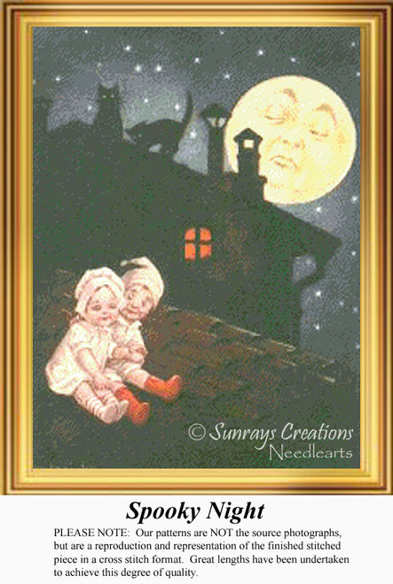 Two children sit on a rooftop under a full moon, watching black cats, offered as a counted cross stitch pattern.