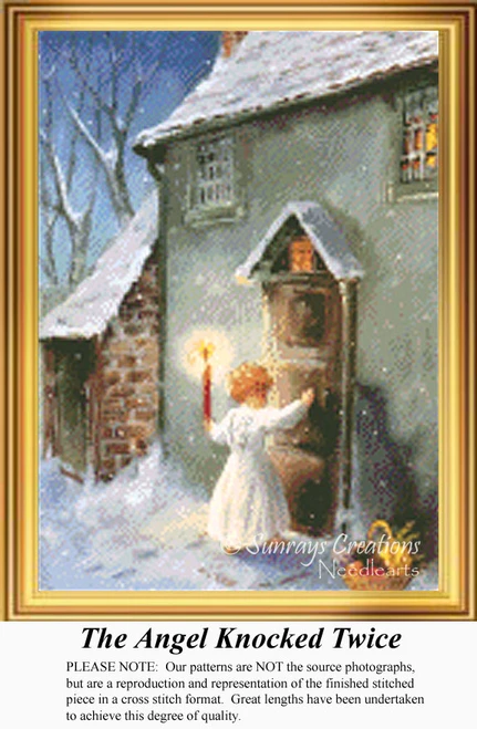 An angel stands on a snowy doorstep, holding a candle and a basket, created as a counted cross stitch pattern.