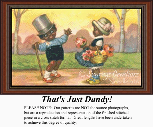 A cheerful scene of two children dressed in their finest, with a girl offering flowers to a boy, presented as an xstitch pattern.