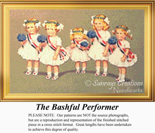 A group of four young cheerleaders stands in formation, created as a counted cross stitch pattern, with one shyly hanging back.