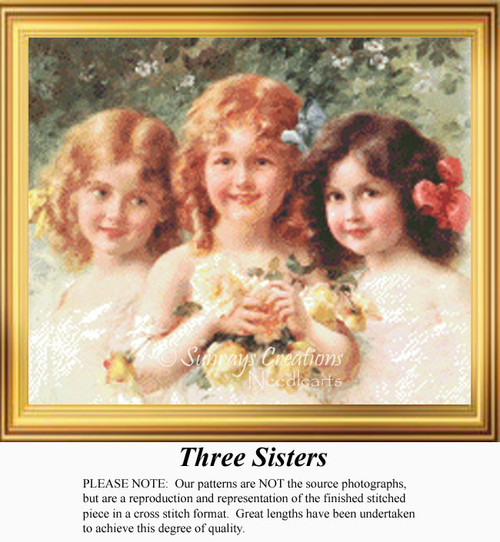 Three happy sisters stand closely together, surrounded by flowers, available as a counted cross stitch pattern by Emile Vernon.