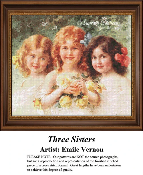 A detailed counted cross-stitch pattern preview of Émile Vernon's painting, "Three Sisters." The Belle Époque French portrait design features three young girls smiling closely together, capturing sisterly warmth through soft pastel lighting and delicate brushwork.