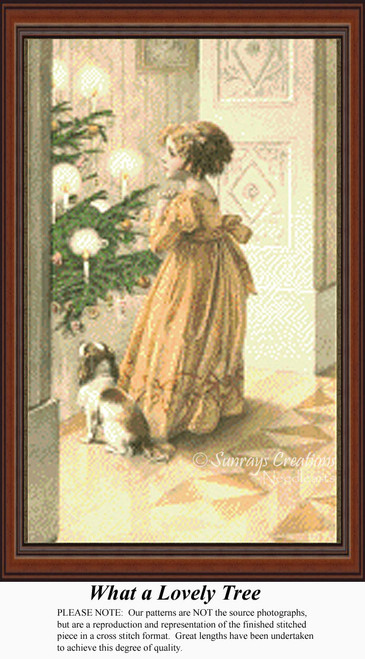 A little girl in a Christmas frock stands beside her dog, admiring a tree full of decorations, available as a counted cross stitch pattern.