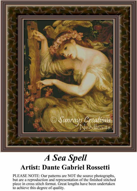 A woman with flowing hair and a floral crown plays an instrument while surrounded by roses, yours to stitch as a counted cross stitch chart.