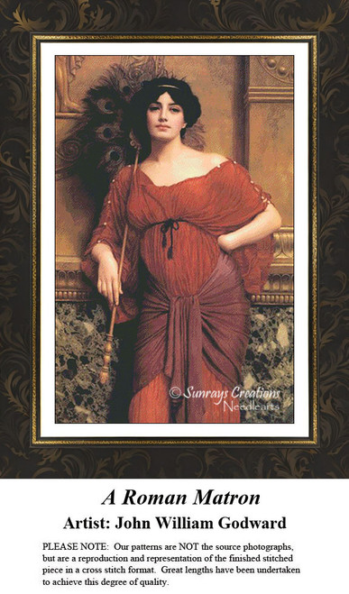 A woman in a brick red draped dress holds a peacock feather fan against an antique wall, yours to stitch as a counted cross stitch chart.