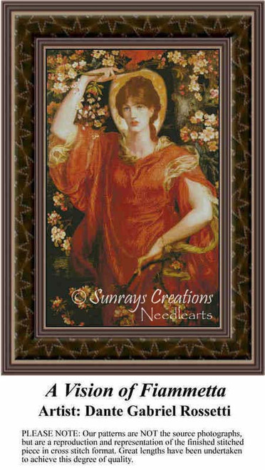 A woman dressed in flowing red robes stands amidst apple blossoms and butterflies, available as a counted cross stitch pattern.