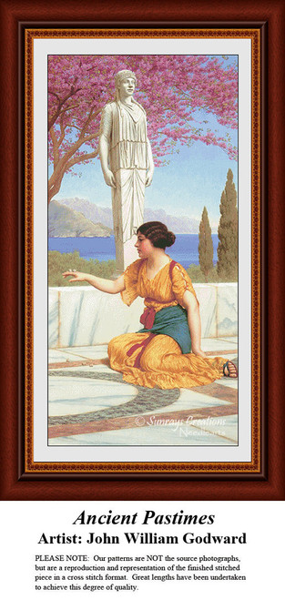 A young woman in ancient attire plays knucklebones, surrounded by nature and statues, reimagined as a counted cross stitch pattern.