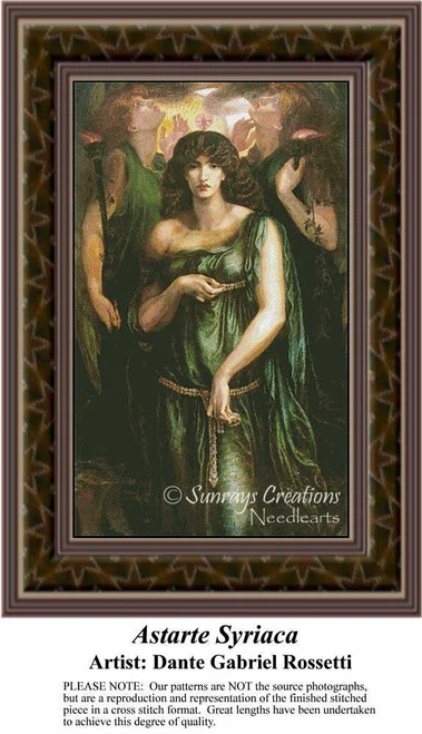 A goddess stands in elegant attire, surrounded by other figures, framed as a counted cross stitch chart from Dante Gabriel Rossetti.