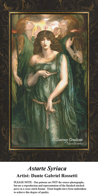 A detailed counted cross-stitch pattern preview of Dante Gabriel Rossetti's late masterpiece, "Astarte Syriaca." The powerful symbolic design depicts a large, full-length portrait of a striking woman with thick dark hair in flowing sea-green garments, holding a decorative metal girdle under her bosom while flanked by two green-winged attendants holding flaming pink torches beneath an eclipsed sun and moon.