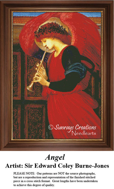 An angel dressed in vibrant red plays a trumpet, adorned with holly, in this large cross stitch pattern from Sir Edward Coley Burne-Jones' art.