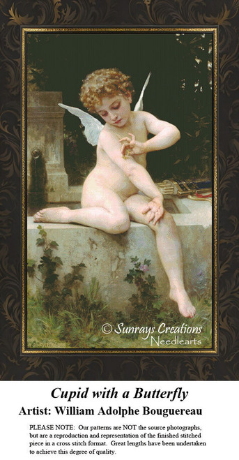 A cherubic Cupid with wings gently interacts with a butterfly on his arm, preserved as a counted cross stitch pattern.