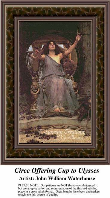 A woman dressed in flowing robes offers a cup to a seated man, translated into a counted cross stitch design by John William Waterhouse.