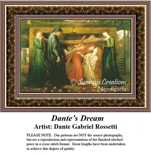 A somber scene with Dante dressed in black, witnessing Beatrice on her deathbed with an angel, transformed into a counted cross stitch pattern.