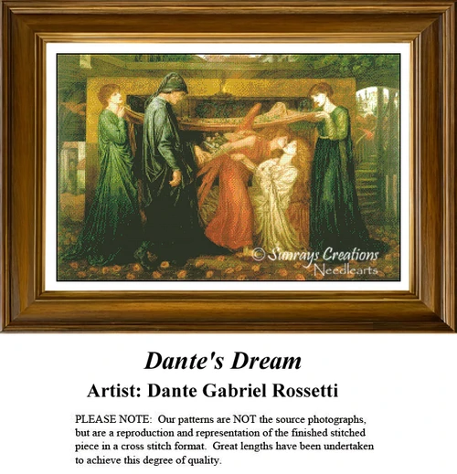 A detailed counted cross-stitch pattern preview of Dante Gabriel Rossetti's monumental 1871 painting, "Dante's Dream." The intricate narrative design frames a dramatic chamber scene where a man in deep black robes is led by a crimson-winged angel to the bedside of a pale, reclining woman, surrounded by weeping attendants in green gowns and symbolic red birds under a somber, atmospheric light.