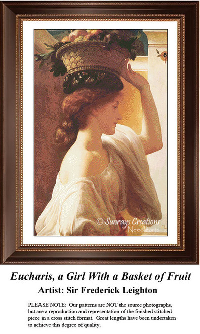 A young woman balancing a basket of fruit on her head, designed as a PDF pattern by Sunrays Creations from Sir Frederick Leighton's work.