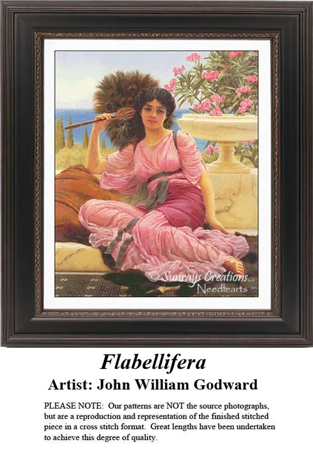 A woman lounges outdoors with a large feathered fan, immortalized as a counted cross stitch pattern by artist John William Godward.