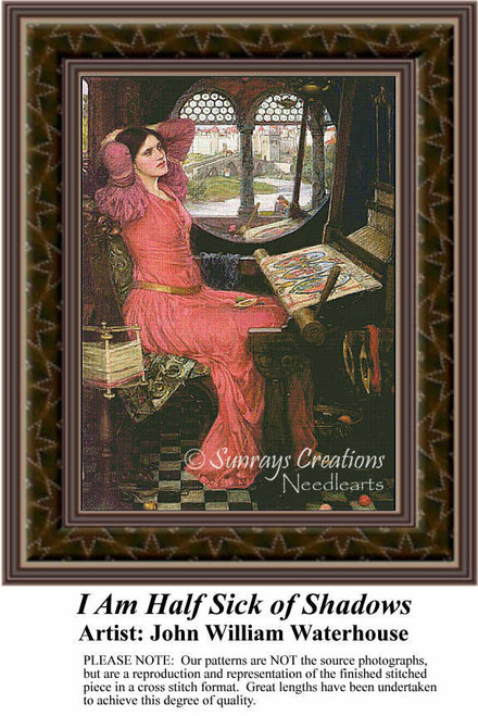 A woman in a pink dress relaxes by a window, gazing thoughtfully, transformed into a counted cross stitch pattern.