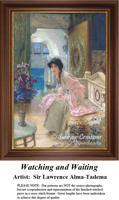 A young woman sits elegantly in a luxurious room, her anticipation evident, come to life as a counted cross stitch design.