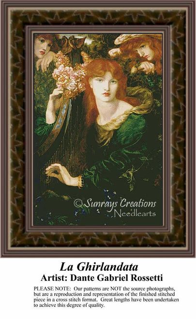 A woman in a vibrant green dress holds flowers beside a harp, available as a counted cross stitch pattern.