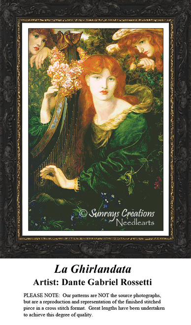 A detailed counted cross-stitch pattern preview of Dante Gabriel Rossetti's fine art masterpiece, "La Ghirlandata". The lush, symbolic design captures a red-haired woman in a flowing dark green gown playing a double-strung harp. She is closely enveloped by a dense bower of green foliage, blue aconite, and pink floral garlands, while two small angel heads look down upon her from the top corners of the canopy.