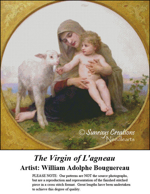 A mother holding a toddler reaches out to a lamb in a serene setting, designed as a counted cross stitch chart by William Adolphe Bouguereau.